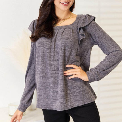 Double Take Square Neck Ruffle Shoulder Long Sleeve T-Shirt - MimiStylez