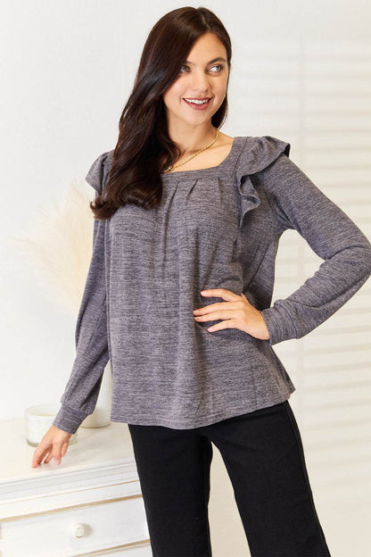 Double Take Square Neck Ruffle Shoulder Long Sleeve T-Shirt - MimiStylez