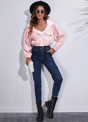 Drawstring Hooded Zip Up Jacket with Pockets - MimiStylez