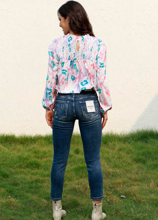 Floral Smocked Balloon Sleeve Round Neck Blouse - MimiStylez