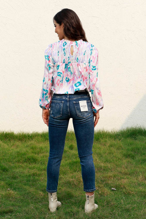 Floral Smocked Balloon Sleeve Round Neck Blouse - MimiStylez