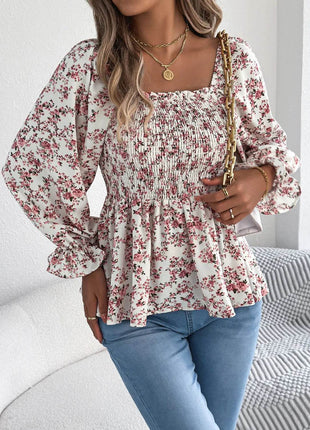 Floral Square Neck Flounce Sleeve Blouse - MimiStylez