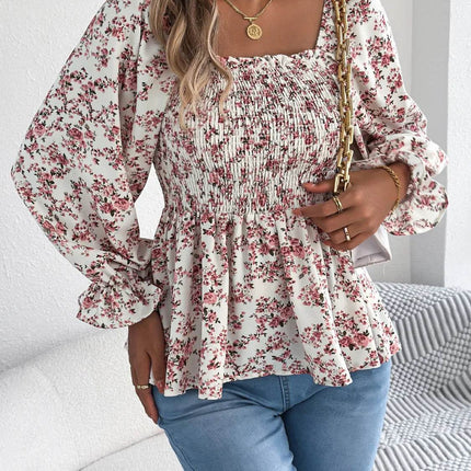 Floral Square Neck Flounce Sleeve Blouse - MimiStylez