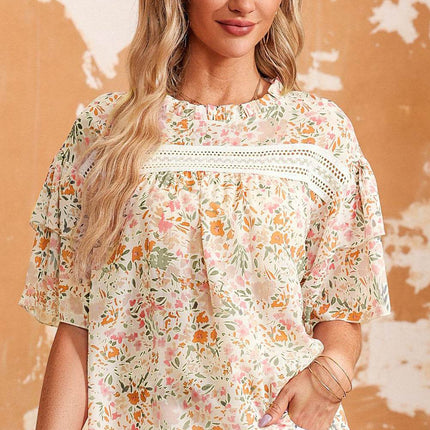 Floral Round Neck Short Sleeve Blouse - MimiStylez