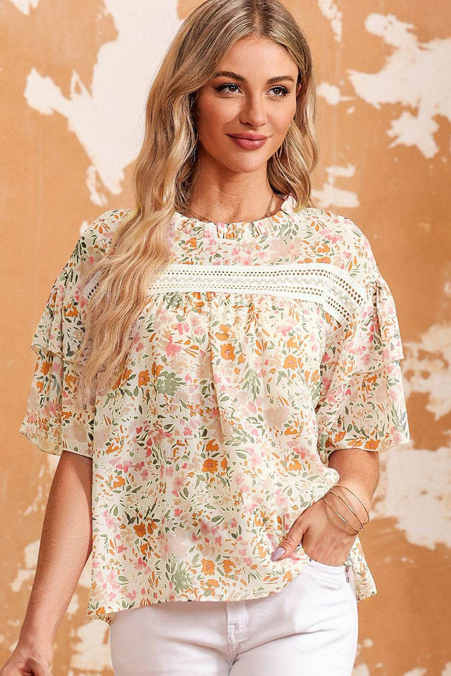 Floral Round Neck Short Sleeve Blouse - MimiStylez