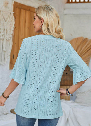 Eyelet Notched Half Sleeve T-Shirt - MimiStylez