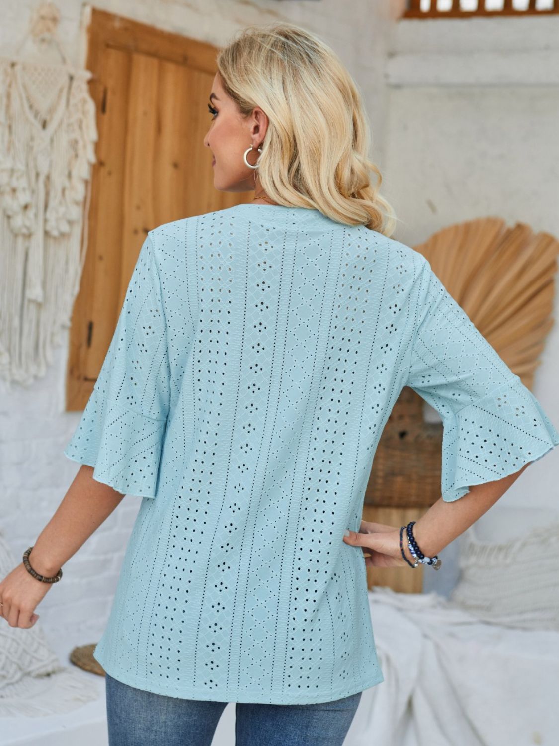 Eyelet Notched Half Sleeve T-Shirt