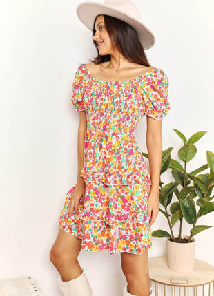 Smocked Sweetheart Neck Flounce Sleeve Mini Dress - MimiStylez