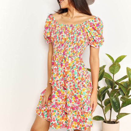 Smocked Sweetheart Neck Flounce Sleeve Mini Dress - MimiStylez