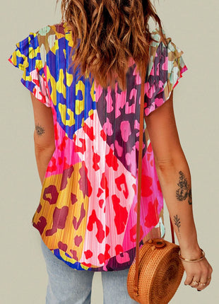Ruffled Printed Tie Neck Cap Sleeve Blouse - MimiStylez