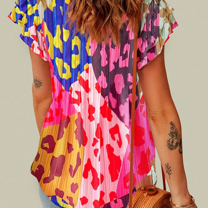 Ruffled Printed Tie Neck Cap Sleeve Blouse - MimiStylez