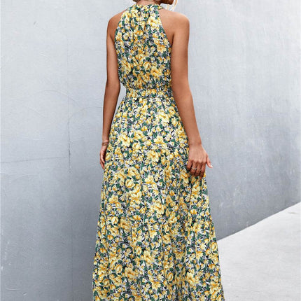 Printed Sleeveless Tie Waist Maxi Dress - MimiStylez