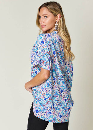 Double Take Full Size Printed V-Neck Short Sleeve Blouse - MimiStylez