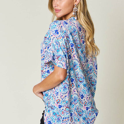 Double Take Full Size Printed V-Neck Short Sleeve Blouse - MimiStylez