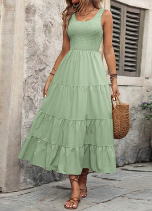 Smocked Scoop Neck Sleeveless Tank Dress - MimiStylez