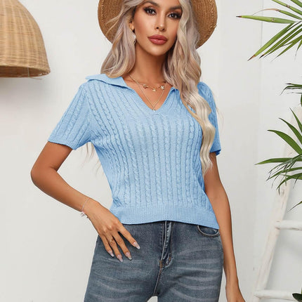 Cable-Knit Johnny Collar Short Sleeve Knit Top - MimiStylez