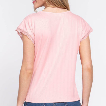 ACTIVE BASIC Lace Trim V-Neck Short Sleeve Ribbed Top - MimiStylez