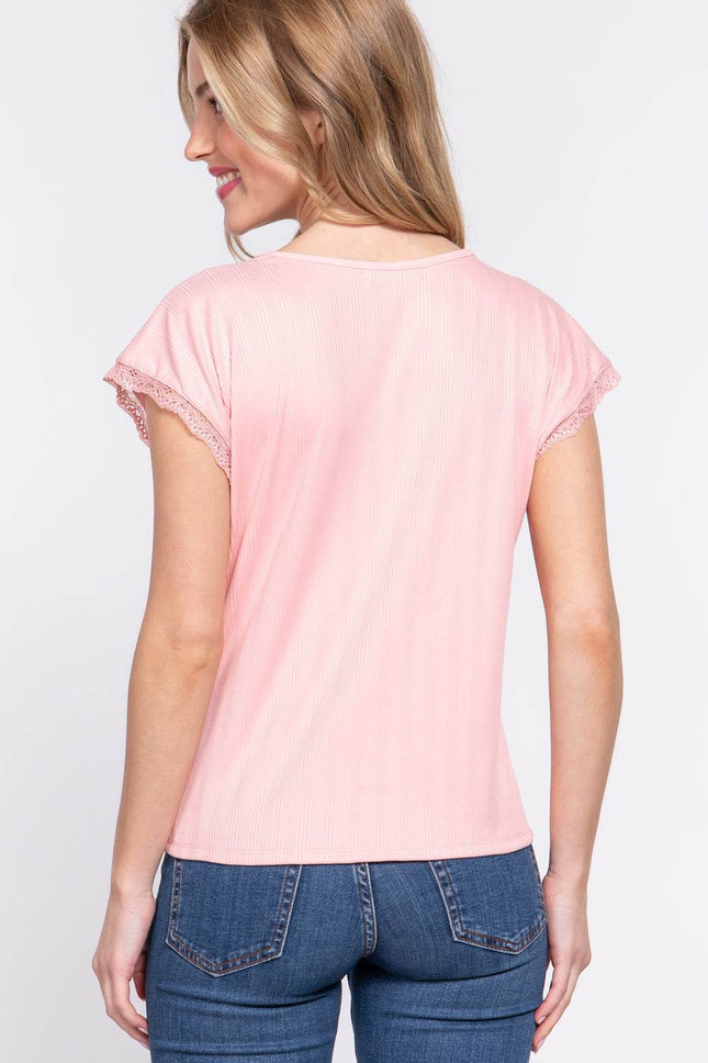 ACTIVE BASIC Lace Trim V-Neck Short Sleeve Ribbed Top - MimiStylez