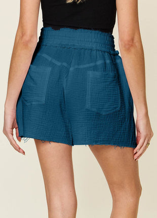 Double Take Full Size Texture Raw Trim Drawstring Shorts - MimiStylez