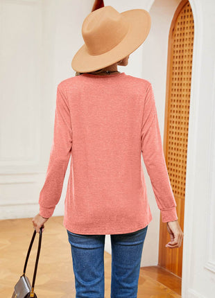 Buttoned Notched Neck Long Sleeve Top - MimiStylez