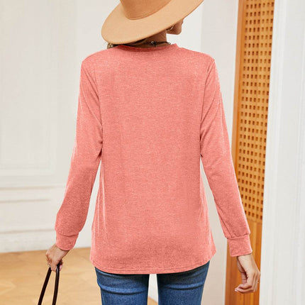 Buttoned Notched Neck Long Sleeve Top - MimiStylez