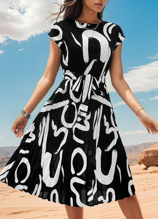 Printed Cap Sleeve Tie Waist Dress - MimiStylez