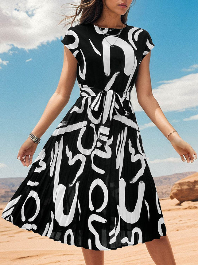 Printed Cap Sleeve Tie Waist Dress - MimiStylez