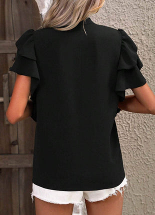 Ruffled Notched Short Sleeve Blouse - MimiStylez