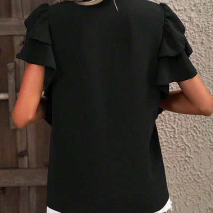 Ruffled Notched Short Sleeve Blouse - MimiStylez