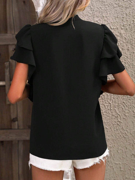 Ruffled Notched Short Sleeve Blouse - MimiStylez