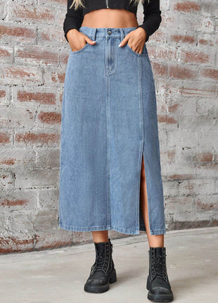 Slit High Waist Denim Skirt with Pockets - MimiStylez