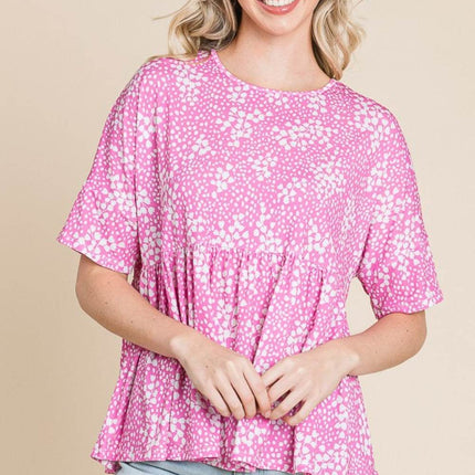 BOMBOM Floral Round Neck Peplum Blouse - MimiStylez