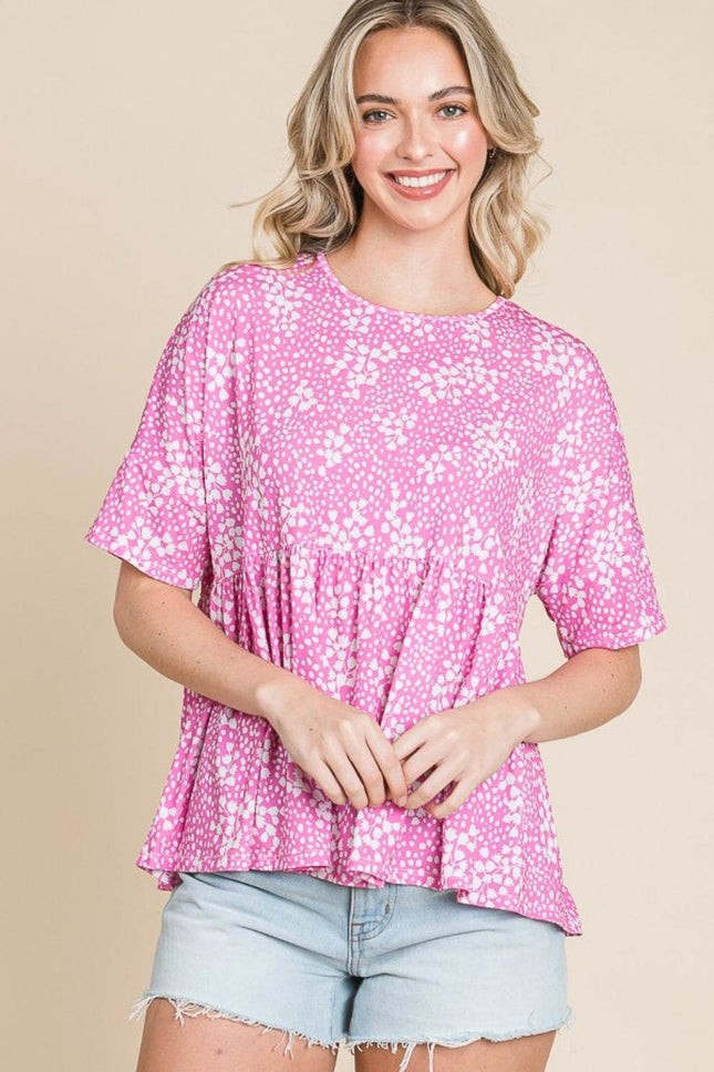 BOMBOM Floral Round Neck Peplum Blouse - MimiStylez