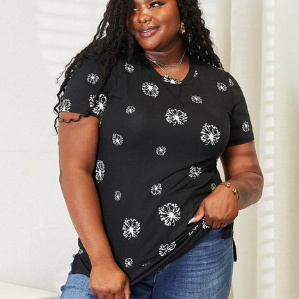 Double Take Dandelion Print Round Neck T-Shirt - MimiStylez