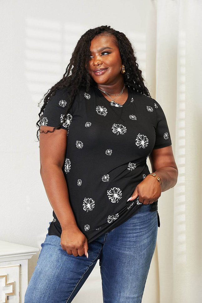 Double Take Dandelion Print Round Neck T-Shirt - MimiStylez