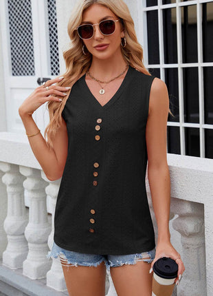 Decorative Button Eyelet V-Neck Tank - MimiStylez