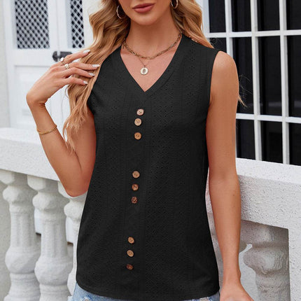Decorative Button Eyelet V-Neck Tank - MimiStylez