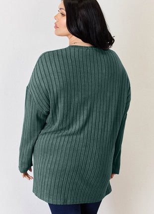 Basic Bae Full Size Ribbed Half Button Long Sleeve High-Low T-Shirt - MimiStylez