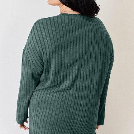 Basic Bae Full Size Ribbed Half Button Long Sleeve High-Low T-Shirt - MimiStylez