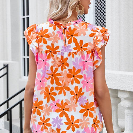 Printed Round Neck Cap Sleeve Blouse - MimiStylez