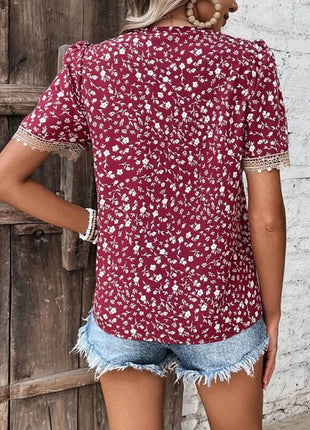 Full Size Printed V-Neck Short Sleeve Blouse - MimiStylez