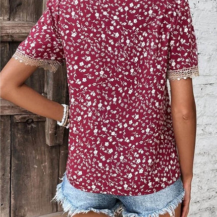 Full Size Printed V-Neck Short Sleeve Blouse - MimiStylez
