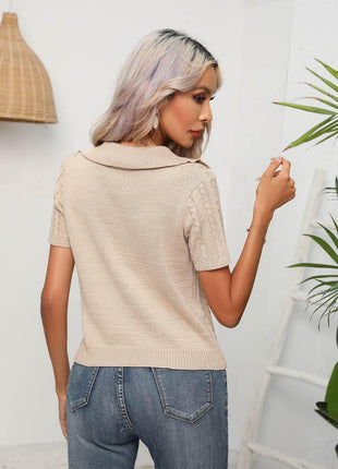 Cable-Knit Johnny Collar Short Sleeve Knit Top - MimiStylez