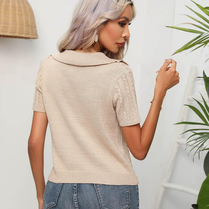 Cable-Knit Johnny Collar Short Sleeve Knit Top - MimiStylez