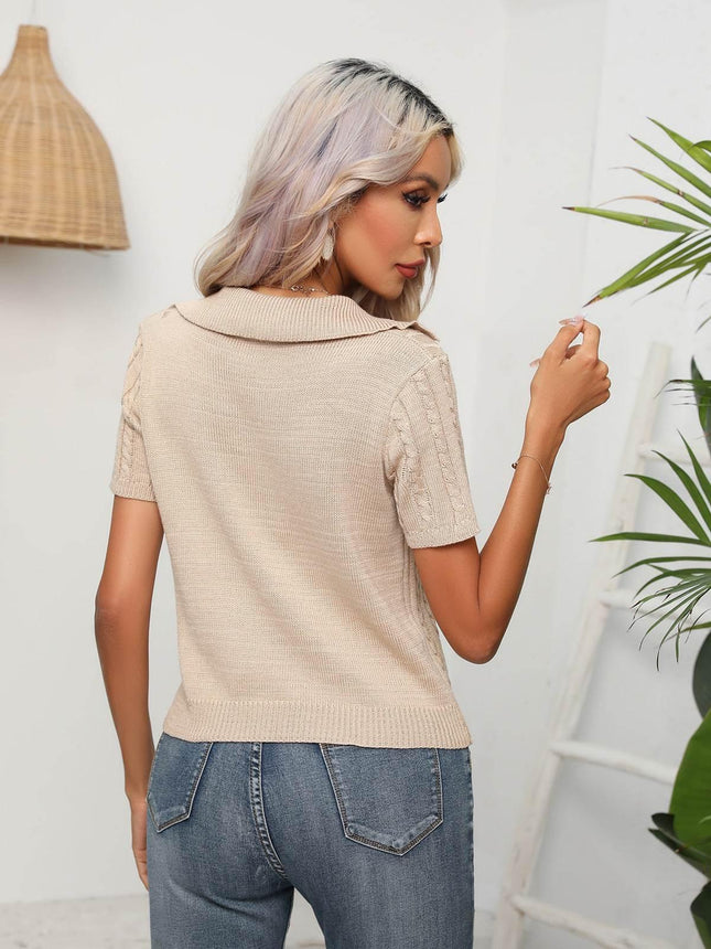 Cable-Knit Johnny Collar Short Sleeve Knit Top - MimiStylez