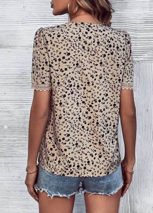 Full Size Printed V-Neck Short Sleeve Blouse - MimiStylez