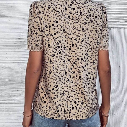 Full Size Printed V-Neck Short Sleeve Blouse - MimiStylez