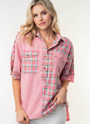 White Birch Plaid Color Block Half Button Top - MimiStylez