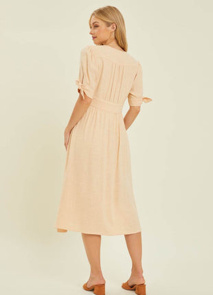 HEYSON Full Size Textured Linen V-Neck Button-Down Midi Dress - MimiStylez