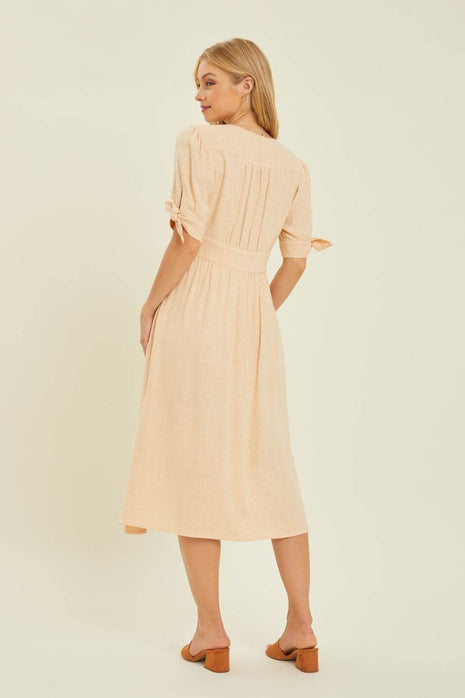 HEYSON Full Size Textured Linen V-Neck Button-Down Midi Dress - MimiStylez